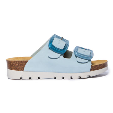 Light Blue Plakton Calla sandal with two wide nubuck leather straps, oversized buckles, cork and Memory Foam footbed, and a white lightweight sole.